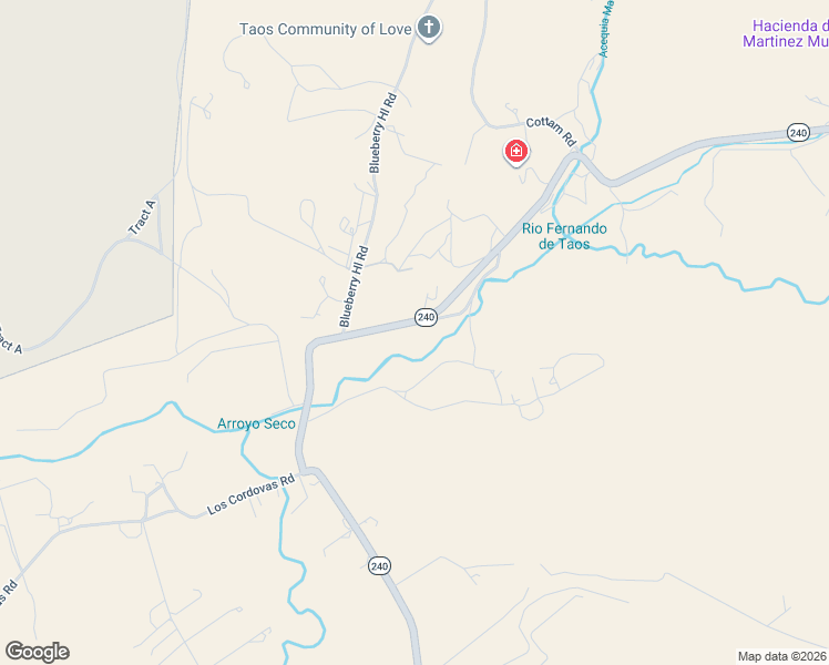 map of restaurants, bars, coffee shops, grocery stores, and more near 7 Blue Berry Hill Road in Taos