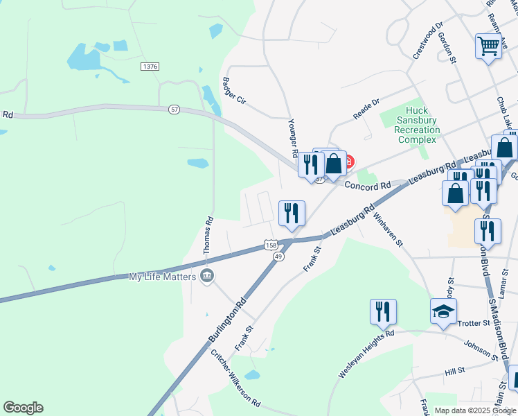map of restaurants, bars, coffee shops, grocery stores, and more near 625 Jean Street in Roxboro