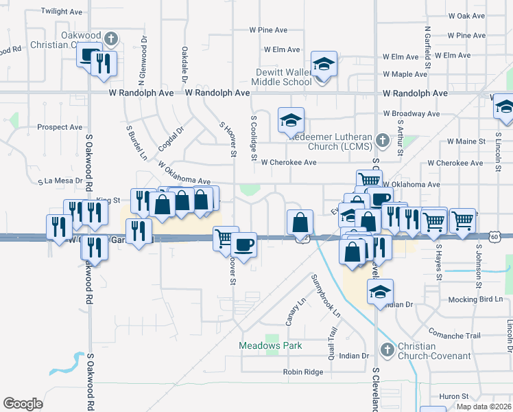 map of restaurants, bars, coffee shops, grocery stores, and more near 2914 West Longview Drive in Enid