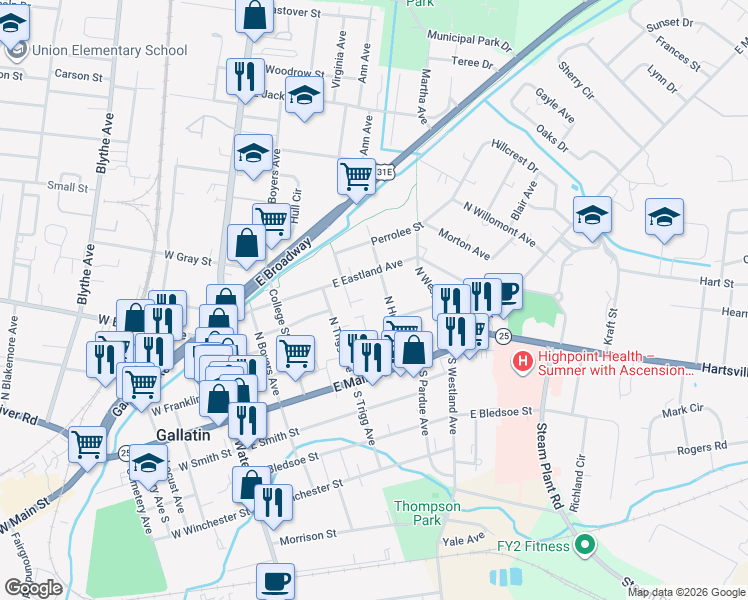 map of restaurants, bars, coffee shops, grocery stores, and more near 355 East Eastland Street in Gallatin