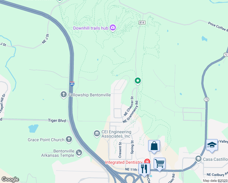 map of restaurants, bars, coffee shops, grocery stores, and more near 2107 Northeast Steinbeck Drive in Bentonville