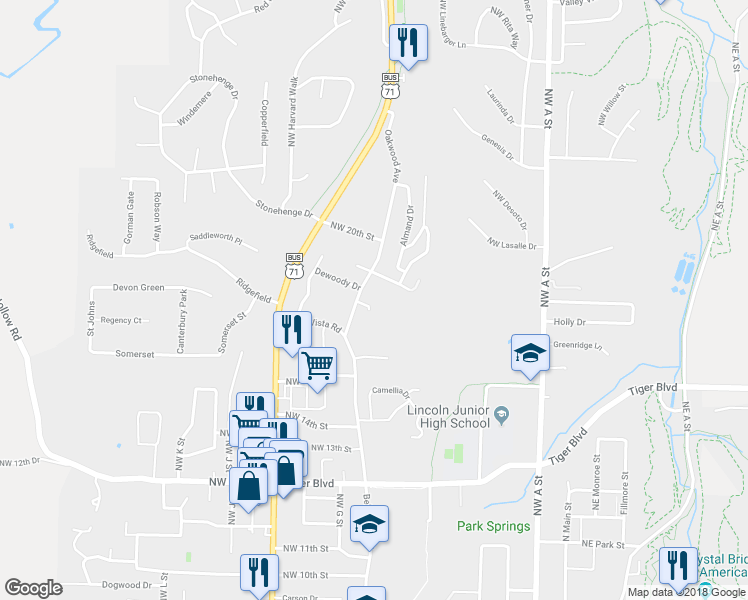 map of restaurants, bars, coffee shops, grocery stores, and more near 604 Northwest 17th Court in Bentonville