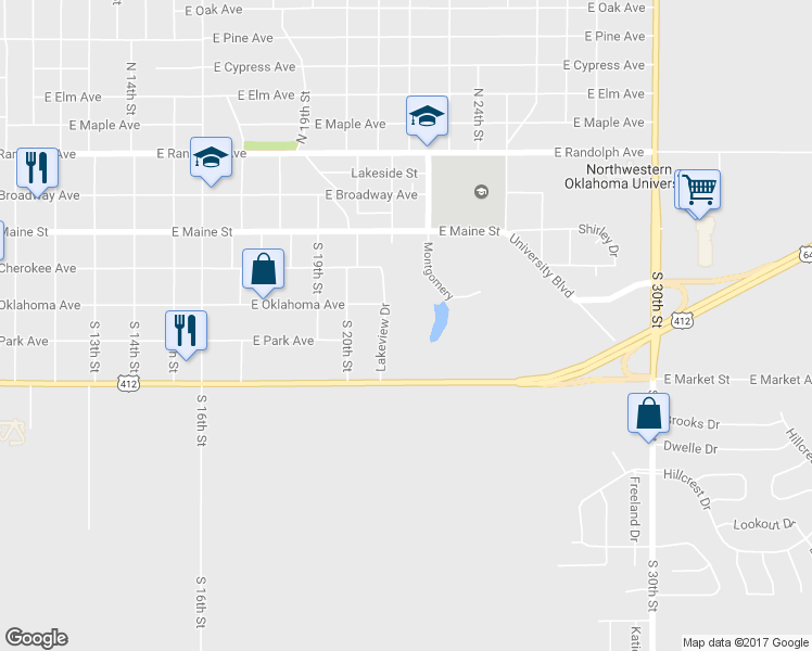 map of restaurants, bars, coffee shops, grocery stores, and more near 300 Lakeview Drive in Enid
