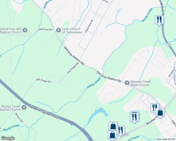 map of restaurants, bars, coffee shops, grocery stores, and more near 648 Grays Pointe Court in Johnson City