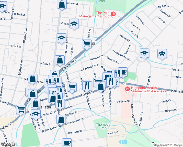 map of restaurants, bars, coffee shops, grocery stores, and more near 355 East Eastland Street in Gallatin