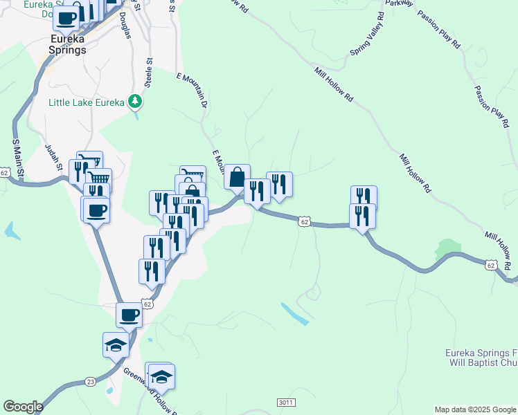 map of restaurants, bars, coffee shops, grocery stores, and more near 5 Tower Road in Eureka Springs