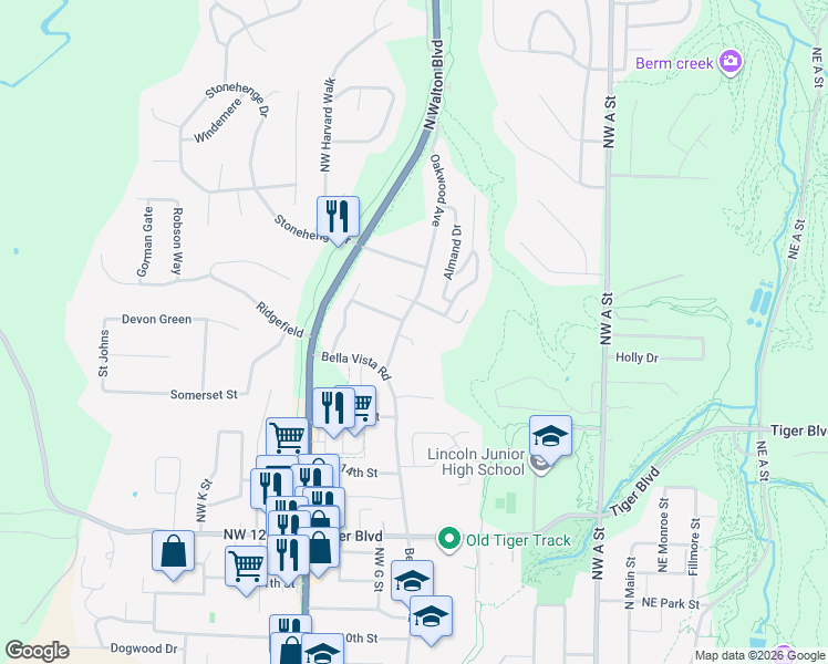map of restaurants, bars, coffee shops, grocery stores, and more near 605 Northwest Park Drive in Bentonville