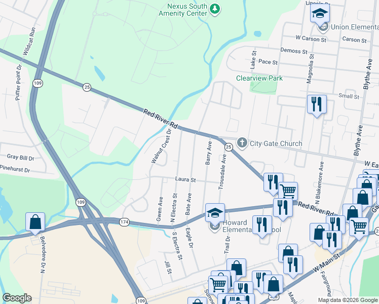 map of restaurants, bars, coffee shops, grocery stores, and more near 231 North Electra Street in Gallatin