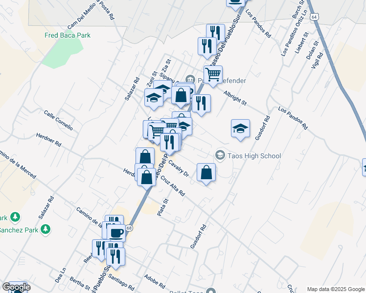map of restaurants, bars, coffee shops, grocery stores, and more near Avenue de Velasquez in Taos