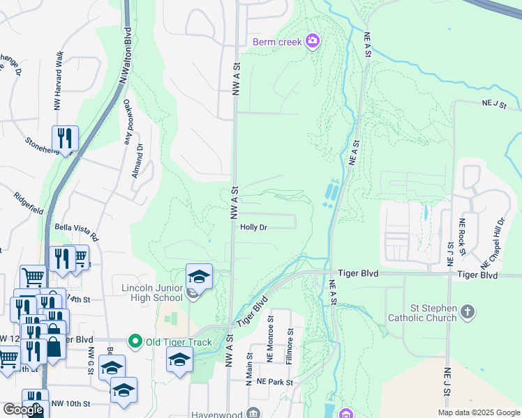 map of restaurants, bars, coffee shops, grocery stores, and more near 106 NW Woodmoor Court in Bentonville