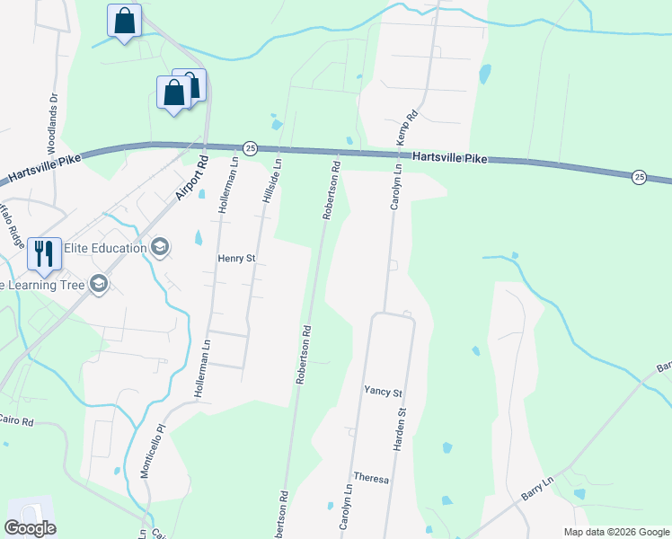 map of restaurants, bars, coffee shops, grocery stores, and more near 1025 Robertson Road in Gallatin