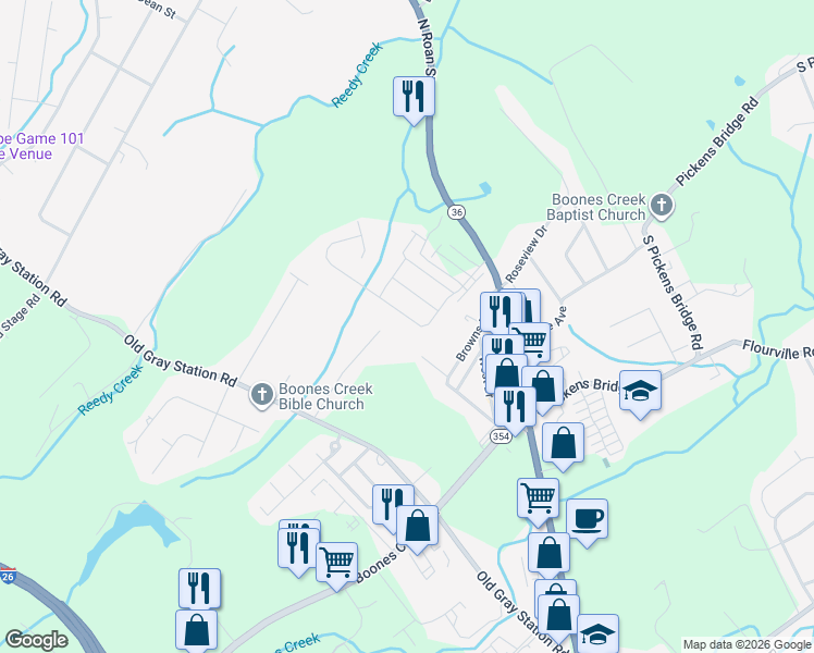 map of restaurants, bars, coffee shops, grocery stores, and more near 1289 Hammett Road in Johnson City