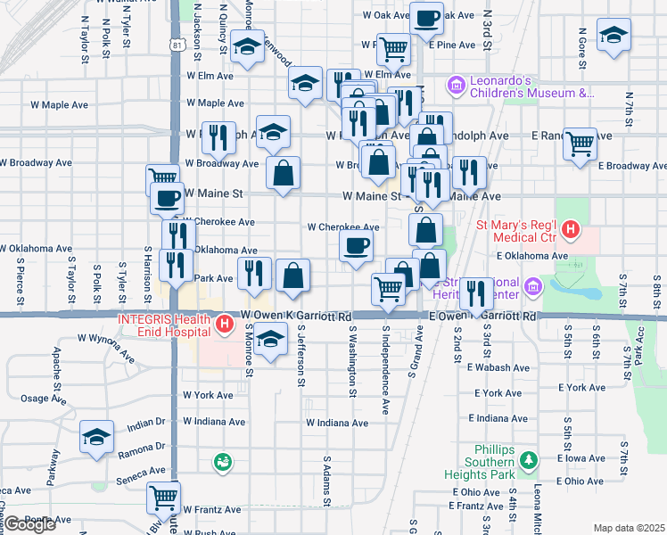 map of restaurants, bars, coffee shops, grocery stores, and more near 325 West Oklahoma Avenue in Enid