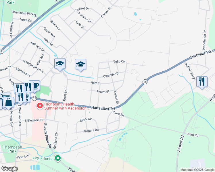 map of restaurants, bars, coffee shops, grocery stores, and more near 923 Hart Street in Gallatin