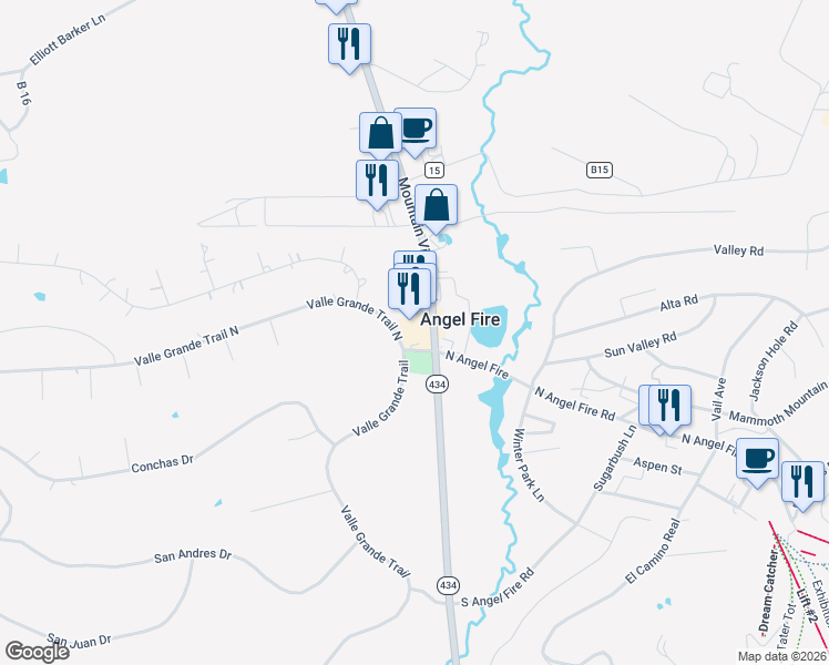 map of restaurants, bars, coffee shops, grocery stores, and more near 3375 Mountain View Boulevard in Angel Fire