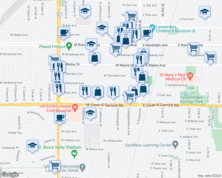 map of restaurants, bars, coffee shops, grocery stores, and more near 325 West Oklahoma Avenue in Enid