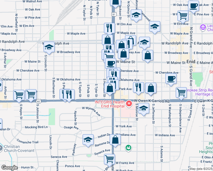 map of restaurants, bars, coffee shops, grocery stores, and more near 1101 West Oklahoma Avenue in Enid