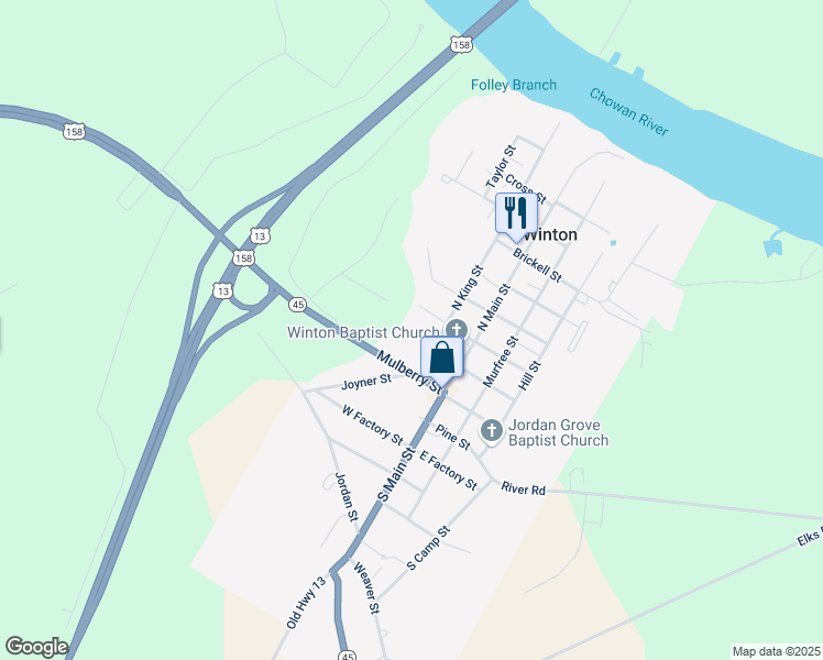 map of restaurants, bars, coffee shops, grocery stores, and more near 113 Chowan Way in Winton