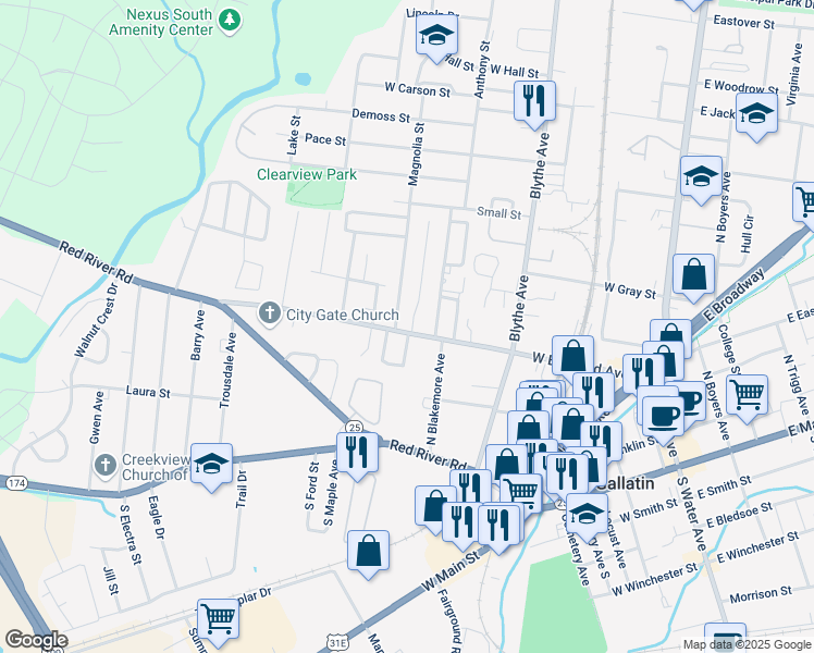 map of restaurants, bars, coffee shops, grocery stores, and more near 316 Magnolia Street in Gallatin