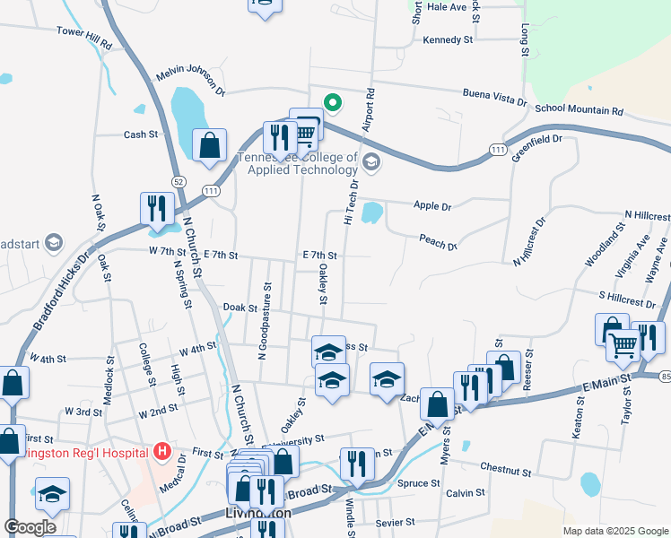 map of restaurants, bars, coffee shops, grocery stores, and more near 615 Oakley Street in Livingston