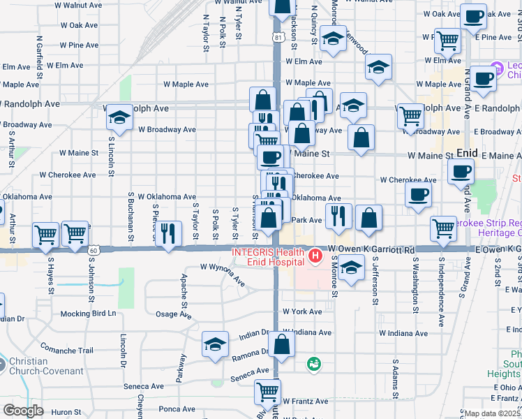 map of restaurants, bars, coffee shops, grocery stores, and more near 1101 West Oklahoma Avenue in Enid