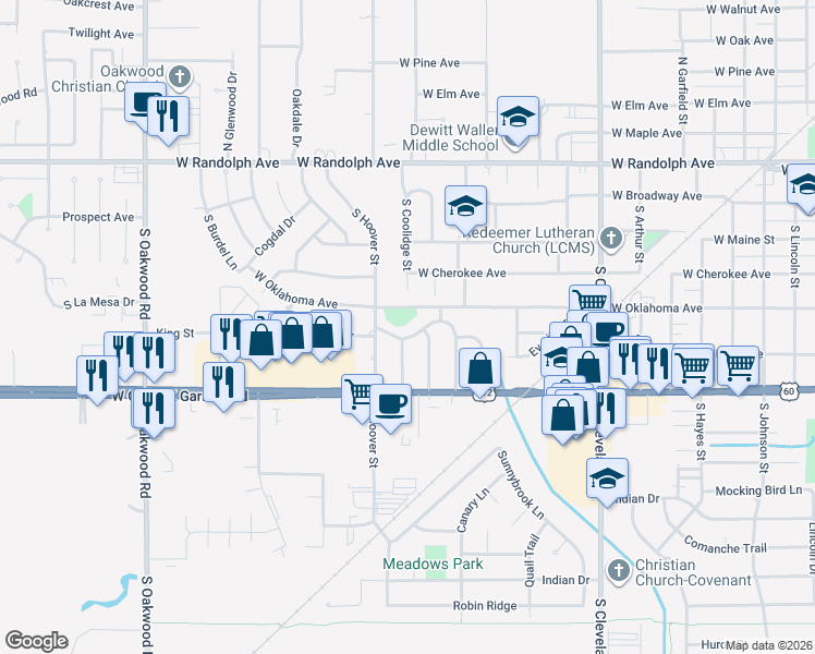 map of restaurants, bars, coffee shops, grocery stores, and more near 2914 West Longview Drive in Enid