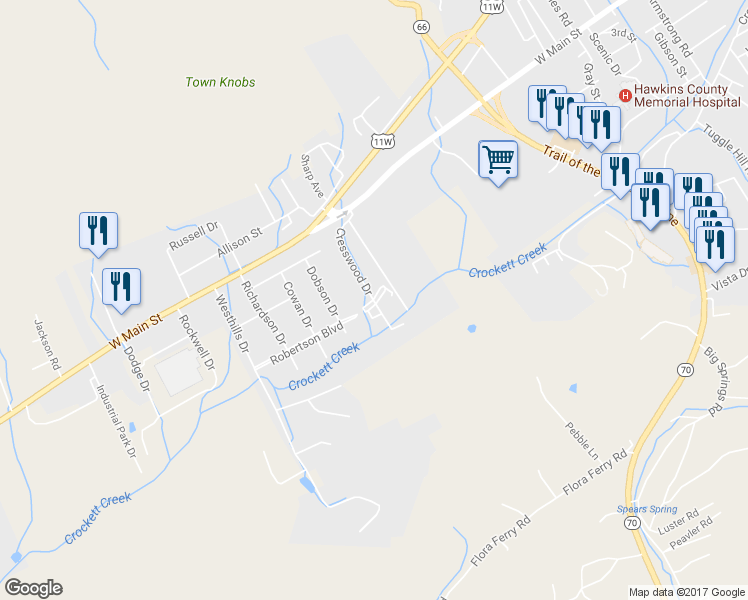 map of restaurants, bars, coffee shops, grocery stores, and more near 132 Cresswood Drive in Rogersville