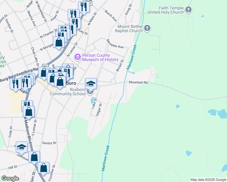 map of restaurants, bars, coffee shops, grocery stores, and more near 102 Allgood Street in Roxboro