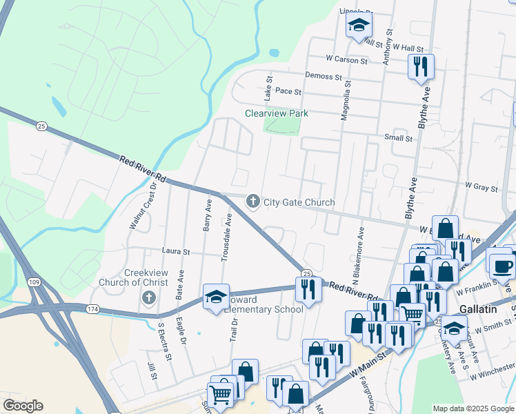 map of restaurants, bars, coffee shops, grocery stores, and more near 679 West Eastland Avenue in Gallatin