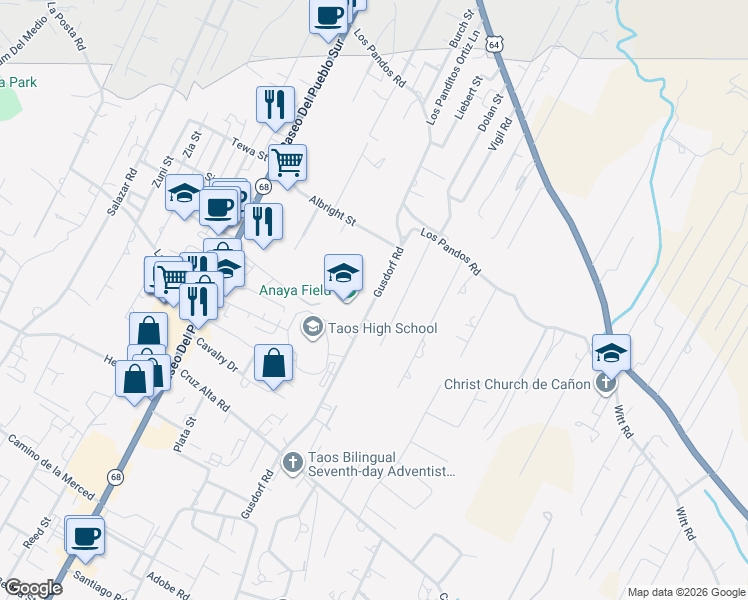 map of restaurants, bars, coffee shops, grocery stores, and more near 134 Cervantes Street in Taos