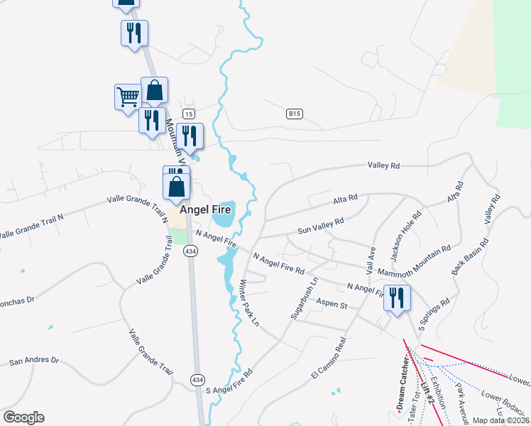 map of restaurants, bars, coffee shops, grocery stores, and more near 13 Alta Road in Angel Fire