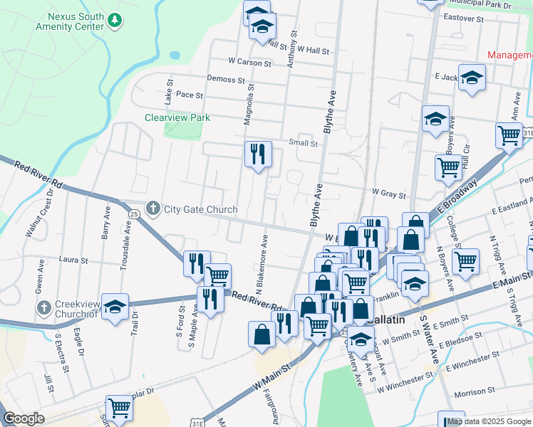 map of restaurants, bars, coffee shops, grocery stores, and more near 323 North Blakemore Avenue in Gallatin