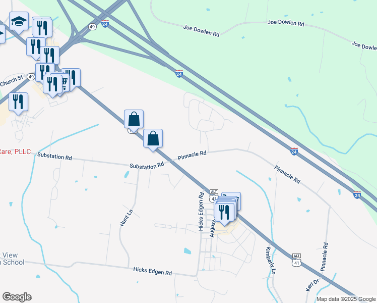 map of restaurants, bars, coffee shops, grocery stores, and more near 1807 Pinnacle Road in Pleasant View