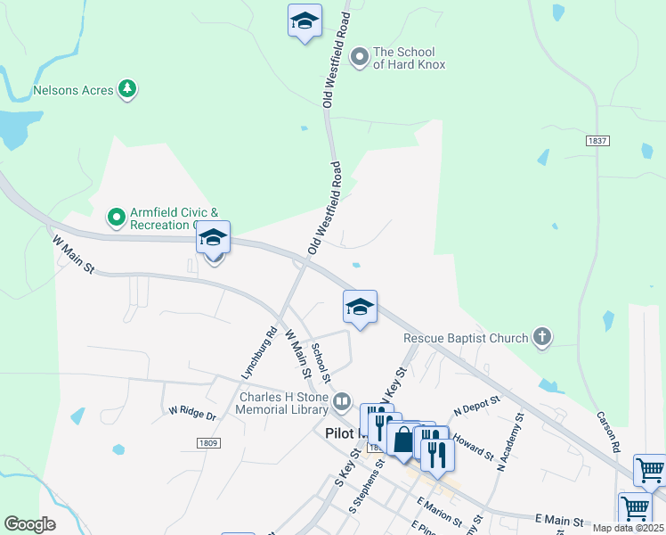 map of restaurants, bars, coffee shops, grocery stores, and more near 527 West 52 Bypass in Pilot Mountain