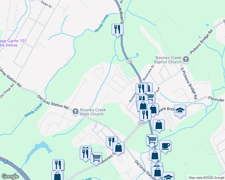 map of restaurants, bars, coffee shops, grocery stores, and more near 1289 Hammett Road in Johnson City