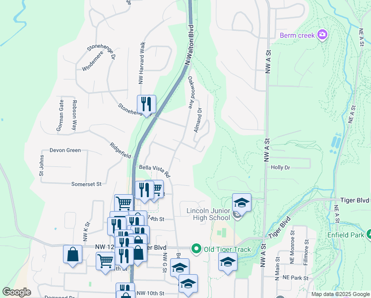 map of restaurants, bars, coffee shops, grocery stores, and more near 605 Northwest Park Drive in Bentonville