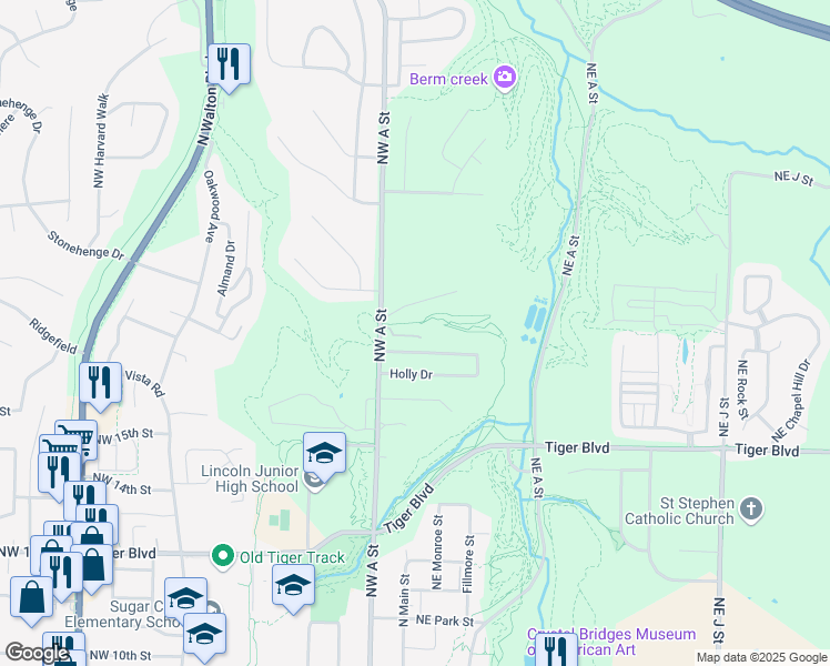 map of restaurants, bars, coffee shops, grocery stores, and more near 106 NW Woodmoor Court in Bentonville