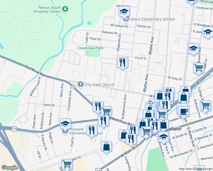map of restaurants, bars, coffee shops, grocery stores, and more near 604 West Eastland Avenue in Gallatin