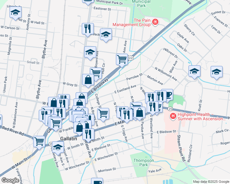 map of restaurants, bars, coffee shops, grocery stores, and more near 314 East Eastland Avenue in Gallatin