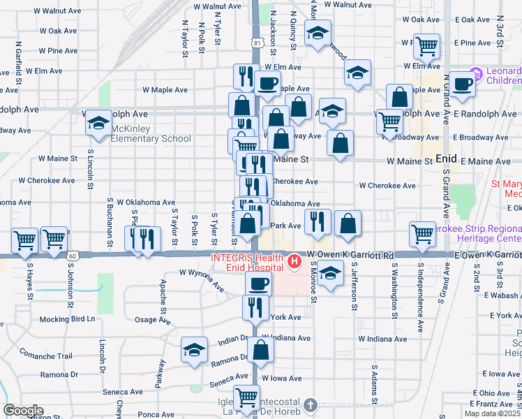 map of restaurants, bars, coffee shops, grocery stores, and more near 401 South Van Buren Street in Enid