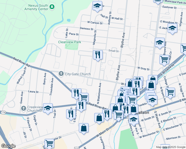 map of restaurants, bars, coffee shops, grocery stores, and more near 316 Magnolia Street in Gallatin