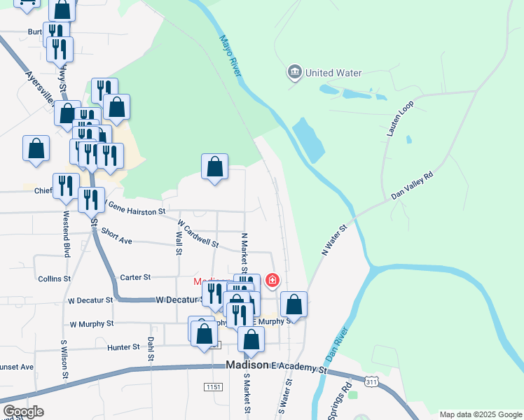 map of restaurants, bars, coffee shops, grocery stores, and more near Pinewood Drive in Madison