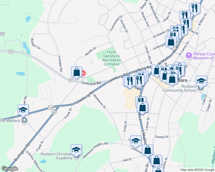 map of restaurants, bars, coffee shops, grocery stores, and more near 342 Leasburg Road in Roxboro