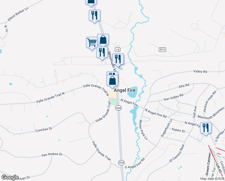 map of restaurants, bars, coffee shops, grocery stores, and more near 3375 Mountain View Boulevard in Angel Fire