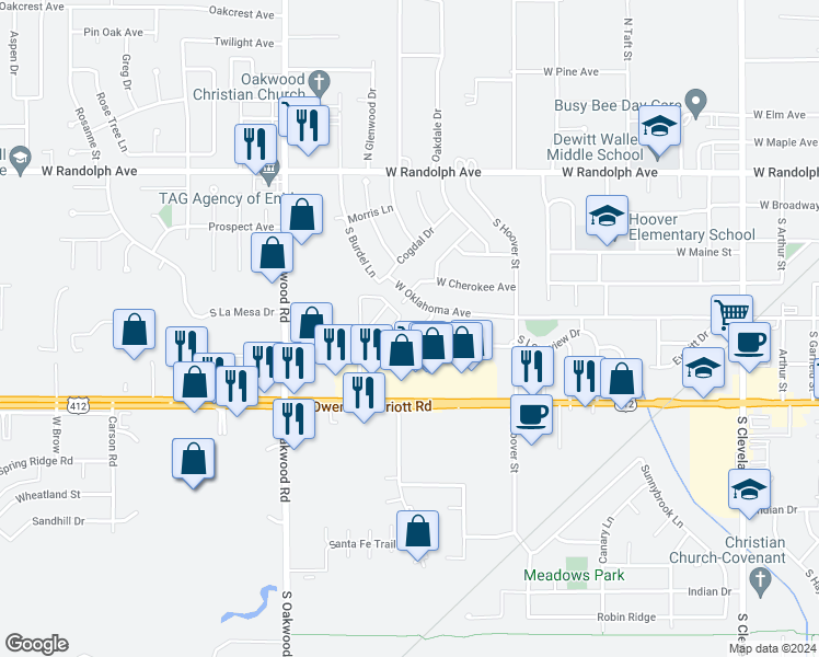 map of restaurants, bars, coffee shops, grocery stores, and more near 422 Frances Street in Enid
