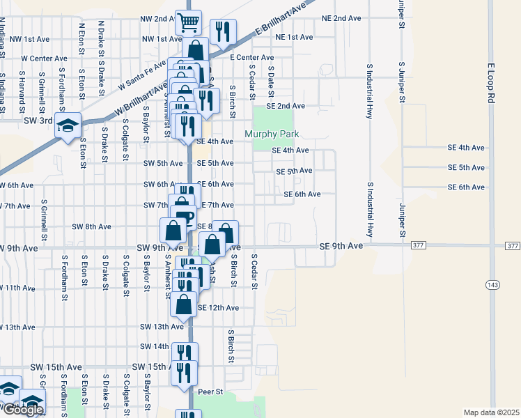 map of restaurants, bars, coffee shops, grocery stores, and more near 701-799 South Cedar Street in Perryton