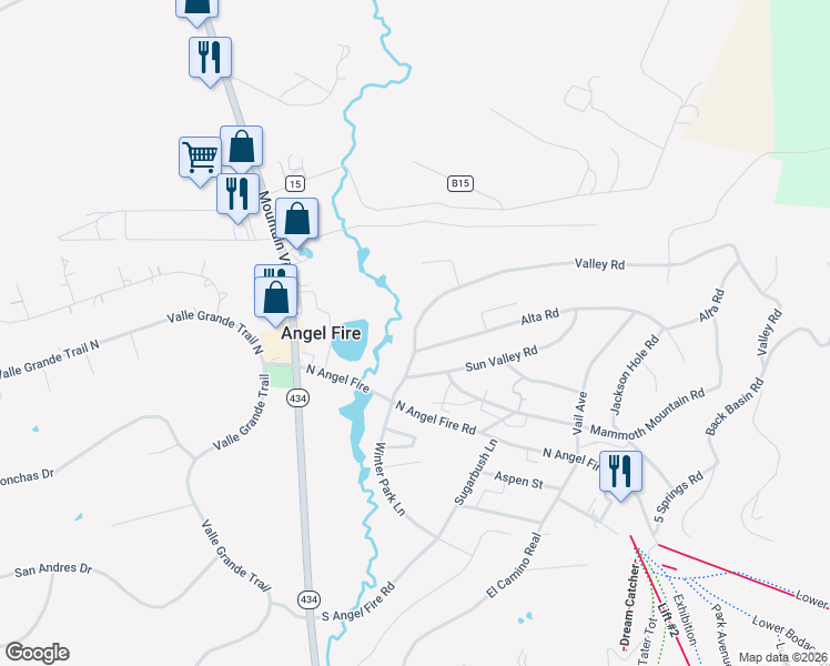 map of restaurants, bars, coffee shops, grocery stores, and more near 13 Alta Road in Angel Fire