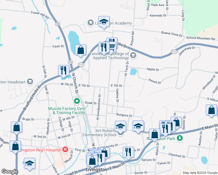 map of restaurants, bars, coffee shops, grocery stores, and more near 825 Oak Heights Drive in Livingston