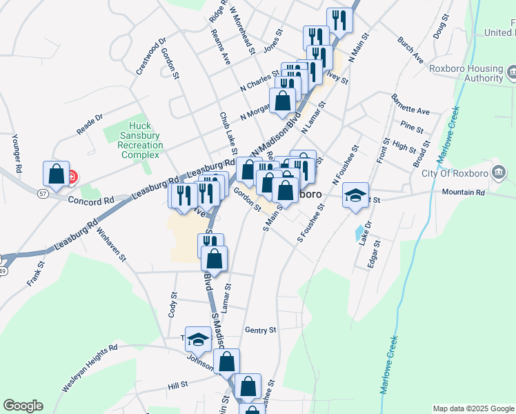 map of restaurants, bars, coffee shops, grocery stores, and more near in Roxboro