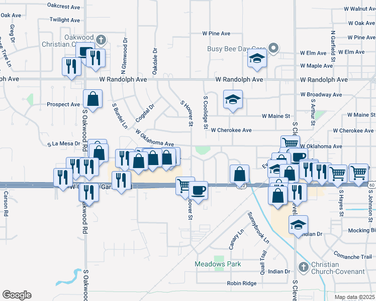 map of restaurants, bars, coffee shops, grocery stores, and more near 406 South Hoover Street in Enid